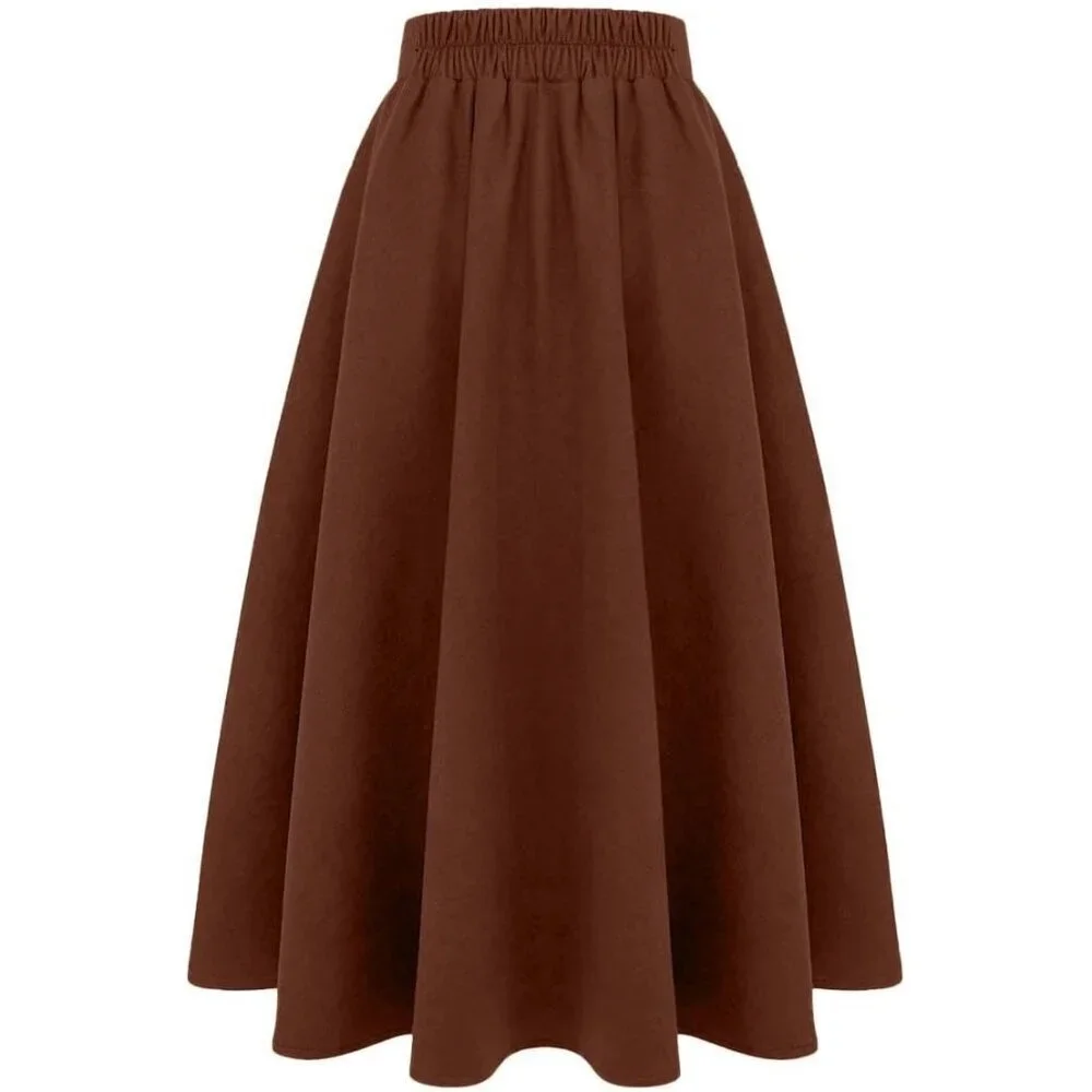 Womens LongPure CoffeeElastic Waist A-Line Pleated Tartan Long Plaid Wool Skirts